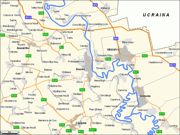 Schema Harta drumurilor auto Anenii-Noi, Tiraspol, Bender, Slobozia, Causeni