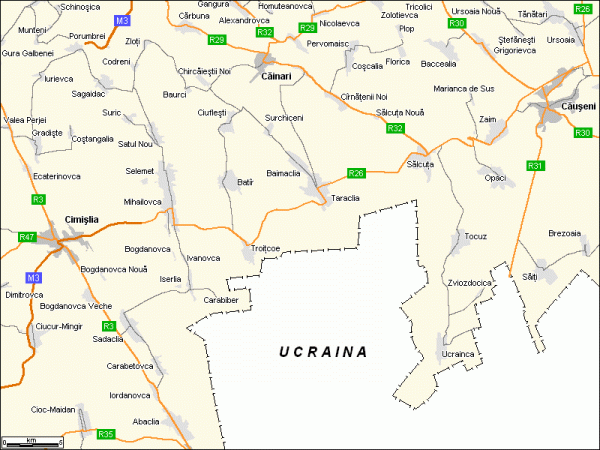 Schema Harta drumurilor auto Cainari, Causeni, Cimislia